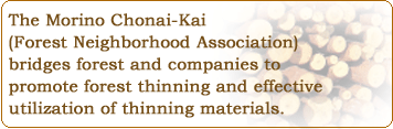 Welcome! The Morino Chonai-Kai (Forest Neighborhood Association) is working to develop a new mechanism to link companies with the forest, to promote the utilization of forest thinning materials.